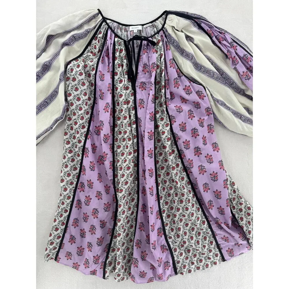 Rhode Purple Sita Block Print Mini Dress Violet Patchwork Kaftan Smock
